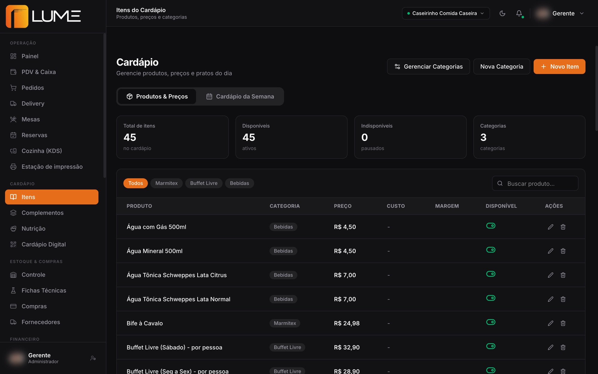 Cardápio no Lume com produtos, categorias, preços e disponibilidade