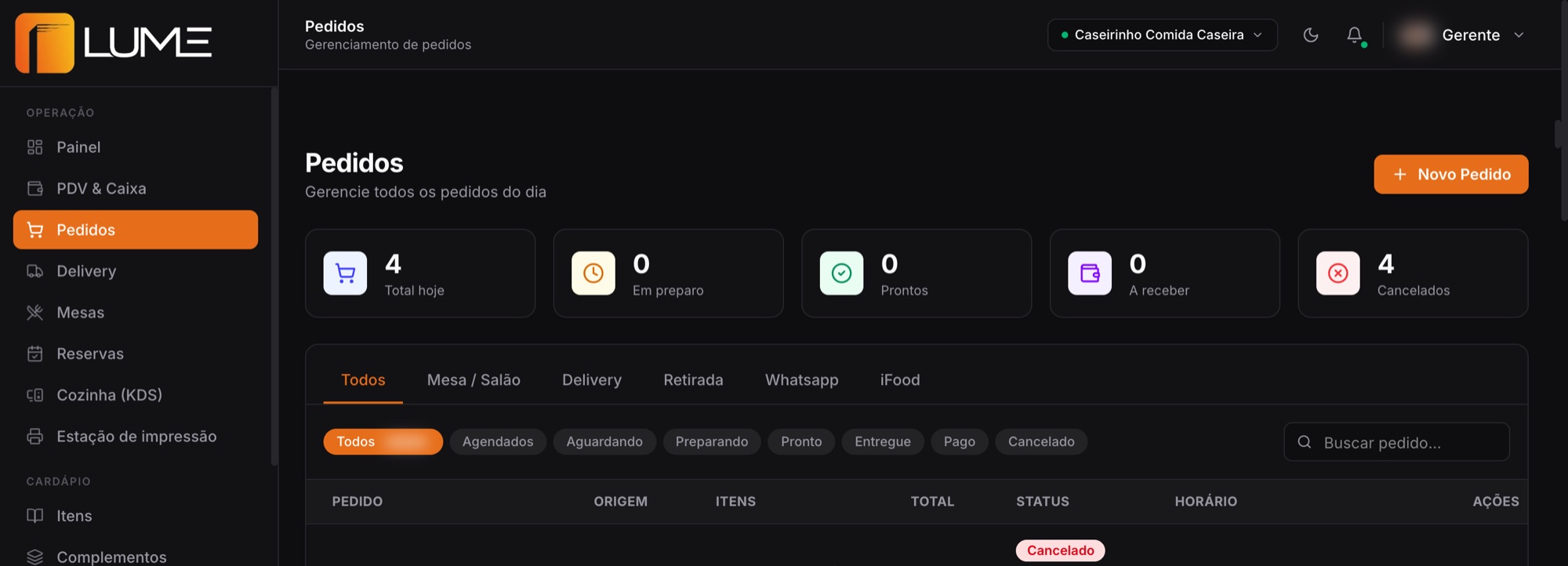 Tela de pedidos do Lume com abas por canal: mesa, delivery, retirada, WhatsApp e iFood